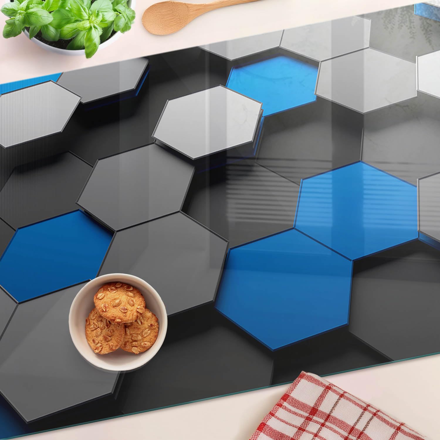 Tagliere in Vetro Temperato 80x52 cm Antigraffio con Piedini Antiscivolo Rettangolare Resistente al Calore Facile da Pulire da Cucina con Stampe Durevole e Igienico - 3D