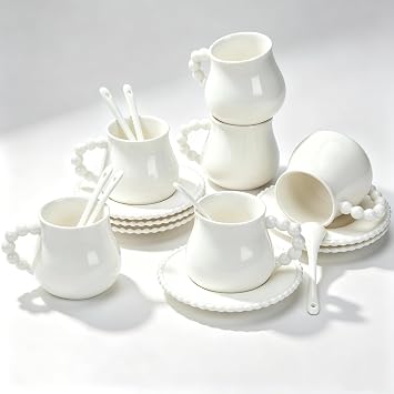 Coffee Cups Set of 6, 8 oz Ceramic Espresso Coffee Cup Set, Latte Mugs with Saucers and Spoons for Cappuccino, Latte, Mocha, Tea, Au Lait, Dishwasher & Microwave Safe