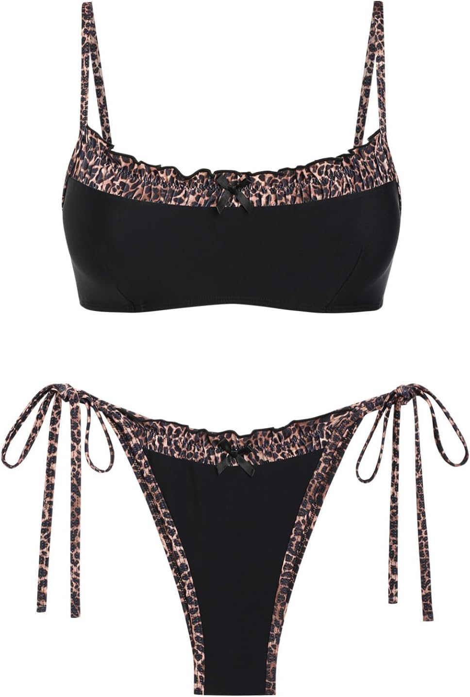 seamoly Gingham Spliced Ruched Ruffles Trim Bowknot Decor Tie Side Bikini Set