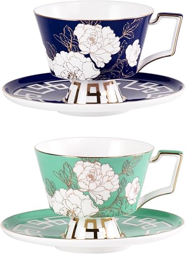 Miniatura 15 de KAMMAK Juego de 2 tazas de café de cerámica, tazas de café de porcelana con platillos, 6.52 onzas hechas a mano, elegante taza de té de porcelana de