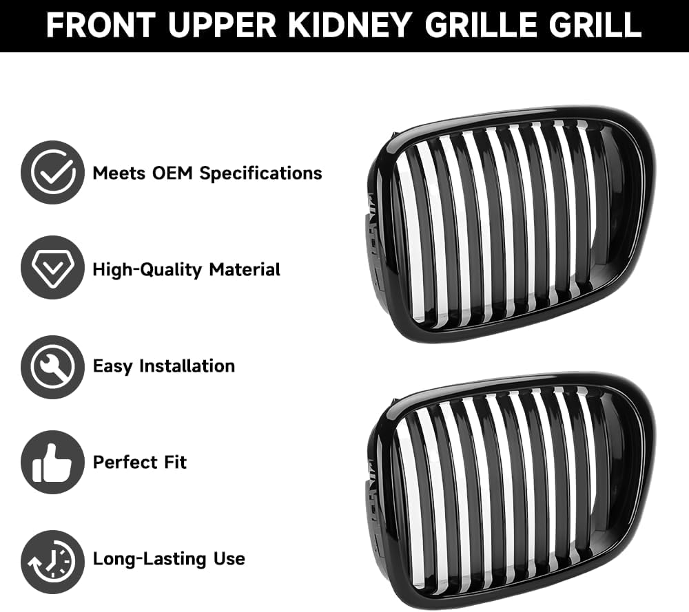 2PCS Front Kidney Grille Grill for BMW E39 | for BMW 528i 1997-2000 Base 2.8L L6 - Gas / 540i 1999-2003 Base 4.4L V8 - Gas | 4 Door Sedan | Glossy Black