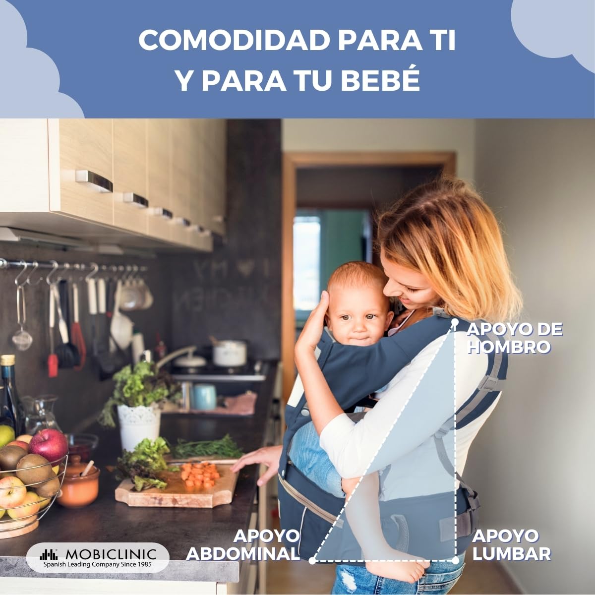 Mobiclinic® kids, Mochila portabebés, 6 en 1, Moley, Multiposición, Plegable, Bolsillo con cremallera, Reposa biberón, Algodón premium suave, 0-36 meses, Para recién nacidos y niños (azul marino) — view 9