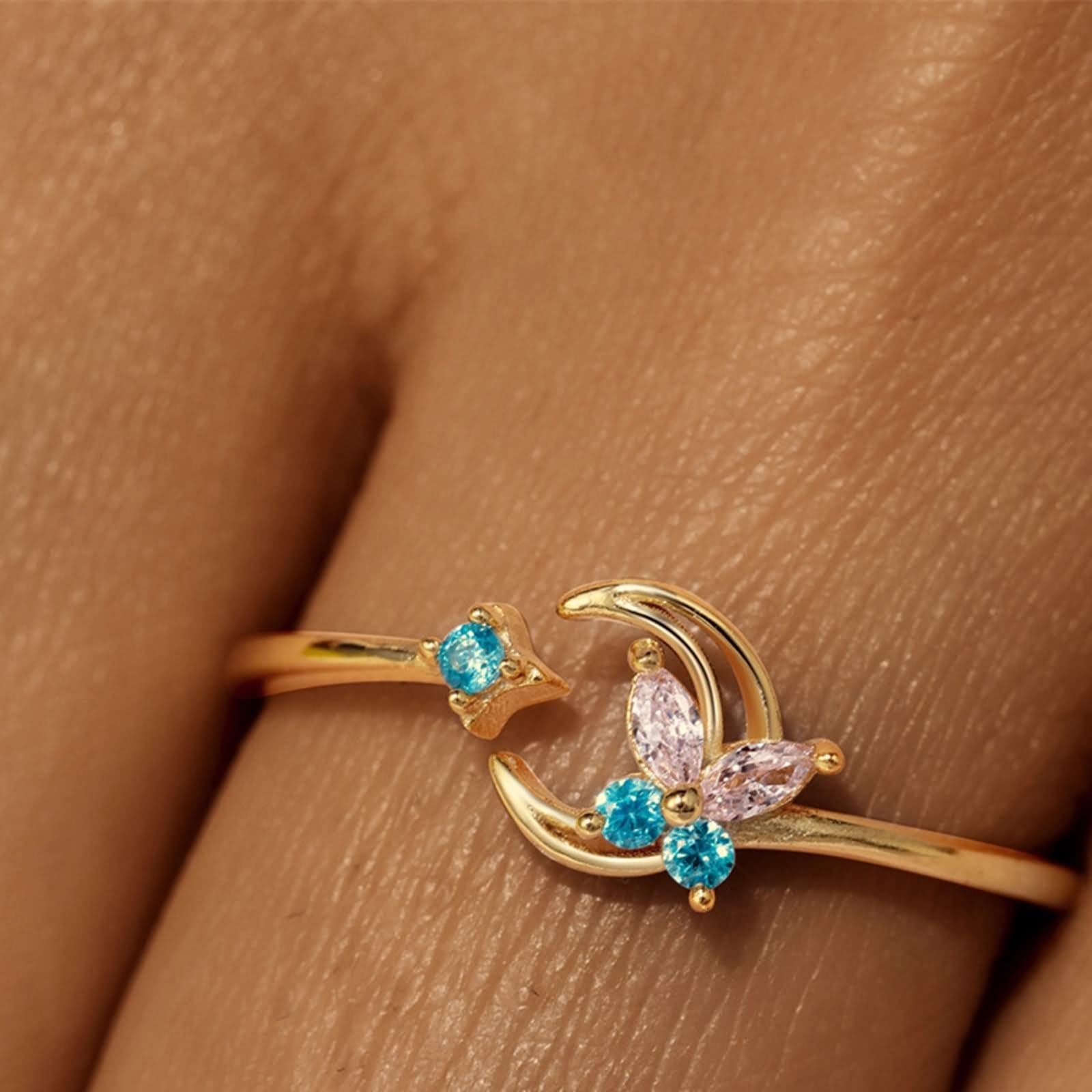 Anello promise, anello di fidanzamento, anello aperto con stella di luna e farfalla, regolabile con taglio marchese rosa, gemma artificiale in oro giallo