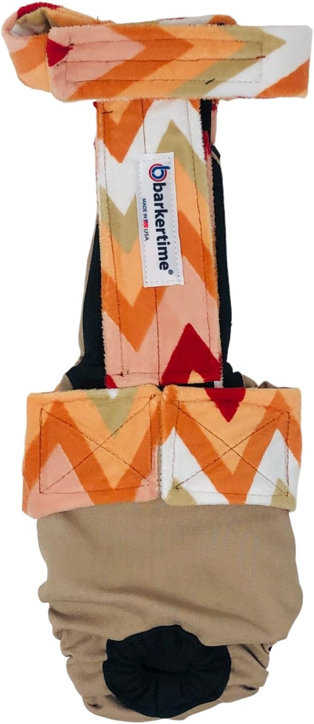 Orange and Red Chevron Minky on Brown Dog Diaper Overall, M, with Tail Hole - Made in USA