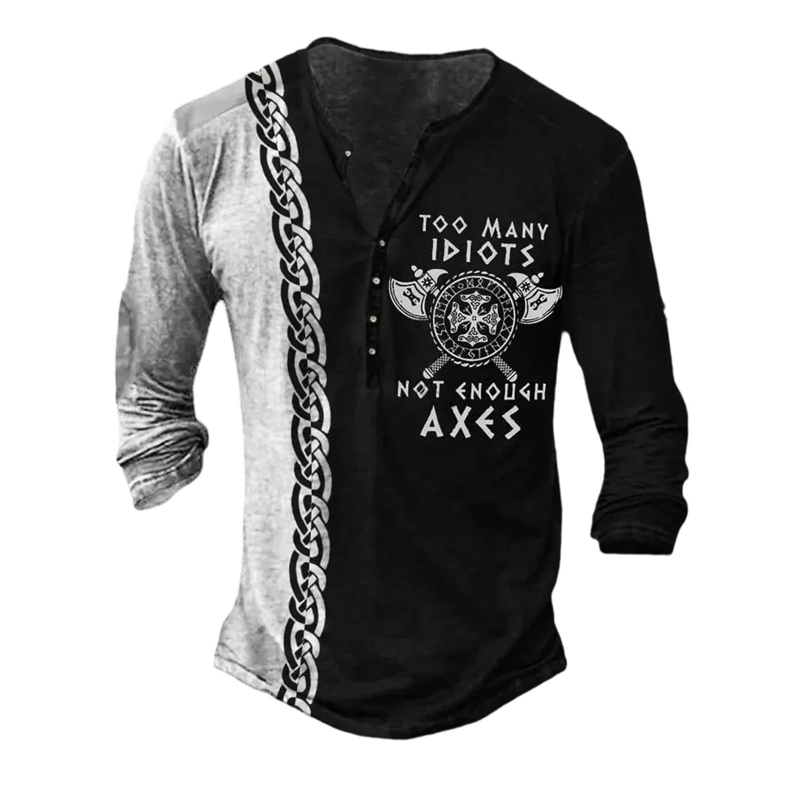 Men's Gothic Nordic Mythology T Shirts Retro Printed V Neck Lace Up Long Sleeve Pullover Vintage Distressed Henley Shirt Top Street Tshirt Sports Shirt, H Black, XL