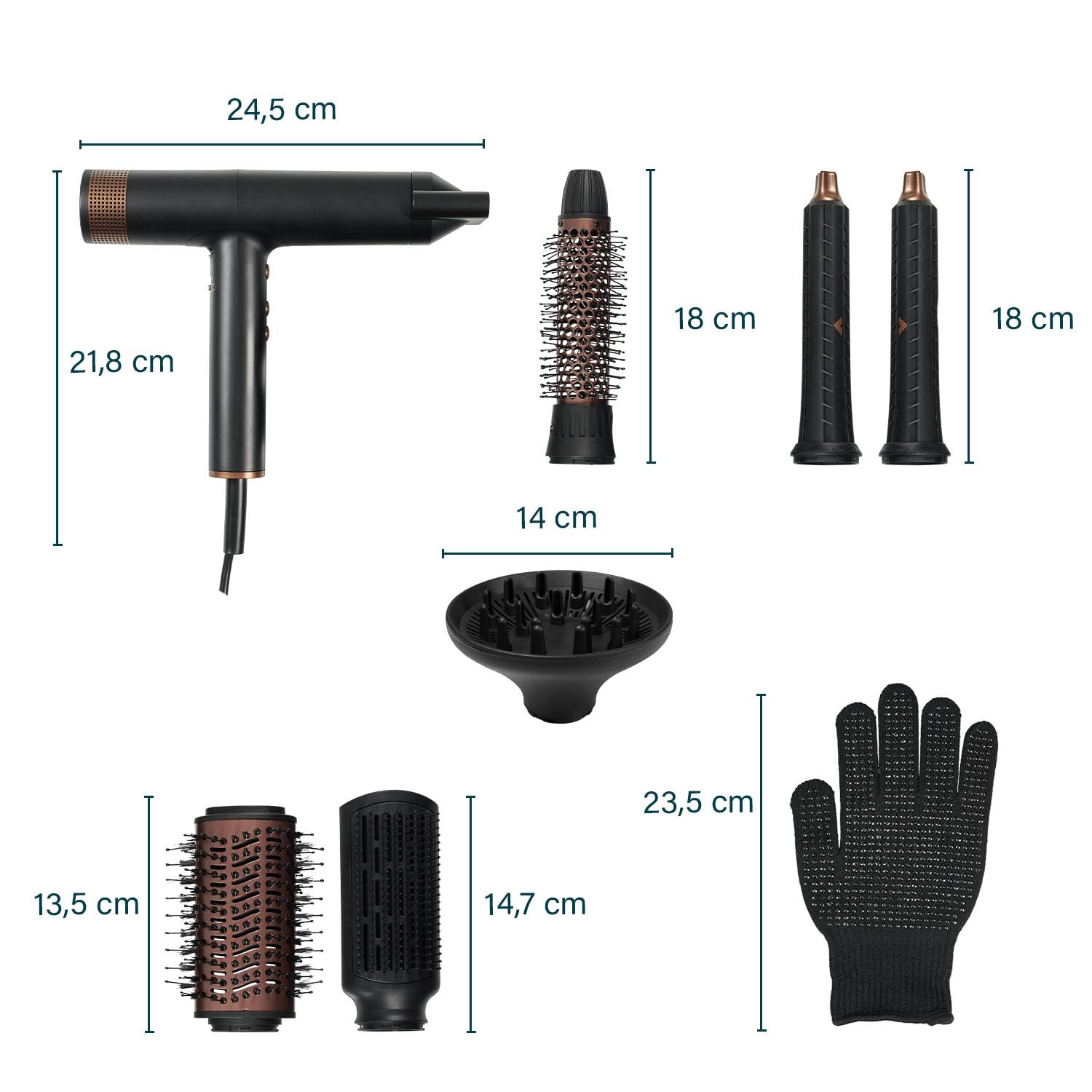 Princess Airstyler Pro, 7-in-1, 3 Livelli di Calore e Velocità, Funzione Ionica, Cool Shot, Cavo 1,8m, Custodia da Viaggio, 7 Accessori, Guanto Termico, Motore BLDC, 2000 W, 01.529205.01.001