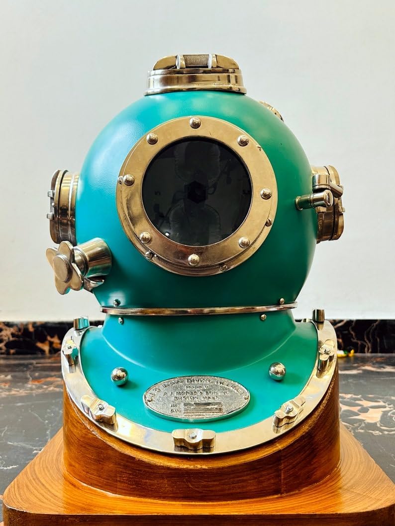 Sea Green Scuba Diving Helmet ~ Mark V 18" Inch Scuba Diving Helmet with Wooden Base ~ Maritime Ship's Decorative Helmet ~ Best Decore Gift
