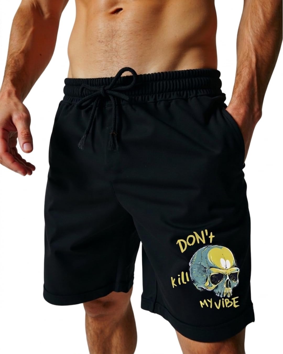 mad over print Dont Kill Vibes Men Shorts Loose Waist tie Front Side Pockets Plain Surface Open Leg Shape Flat fold Lines Soft Touch Calm fit Smooth Form Simple wear-picture-36