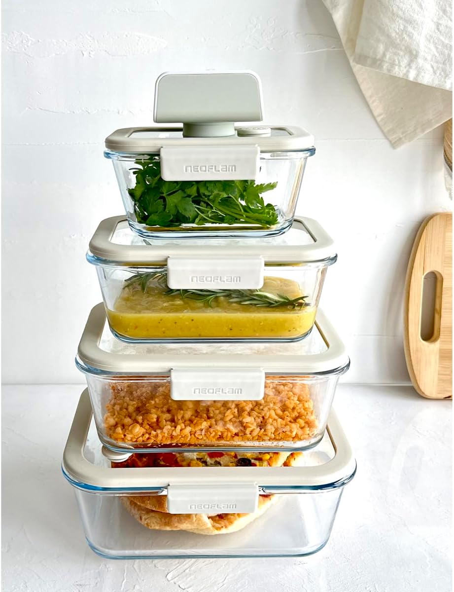 Neoflam Fika Glace Vakumlu Cam Saklama Kabı Bej 5 Parça Set