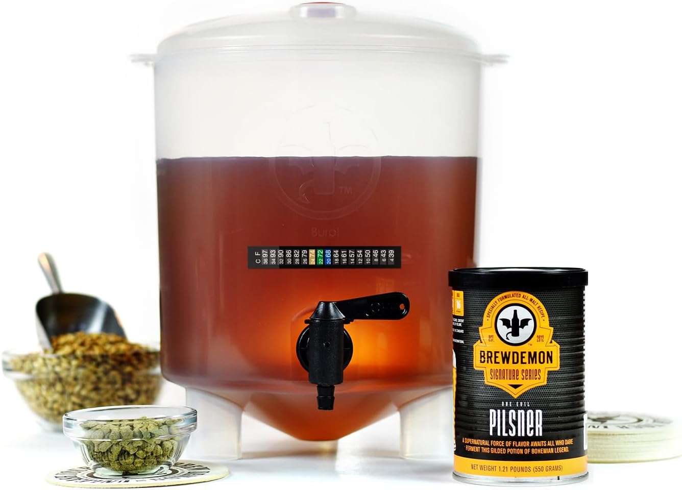 BrewDemon Premium Beer Kit - Conical Fermenter Eliminates Sediment and Makes Great Tasting Home Made Beer - 1 Gal. Recipe Included