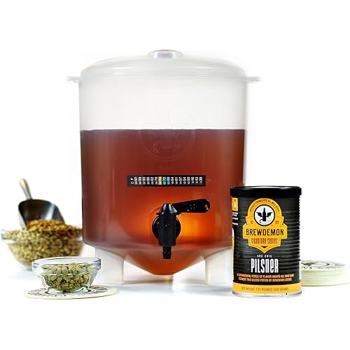 BrewDemon Premium Beer Kit - Conical Fermenter Eliminates Sediment and Makes Great Tasting Home Made Beer - 1 Gal. Recipe Included