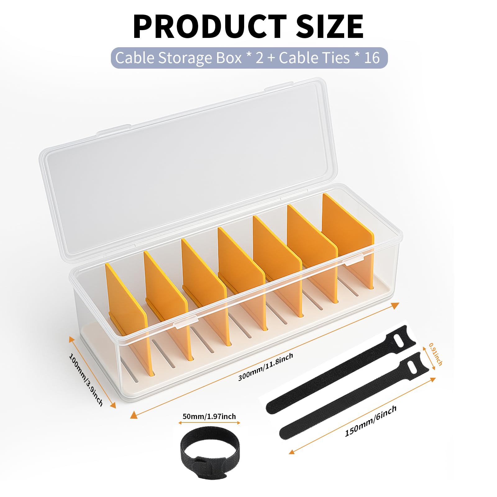 2 Pièces Boîte Rangement Câble avec 16 Attaches, Boîte Câble Transparente avec 7 Séparateurs – Organisateur de Câble pour Bureau, Maison, Boîte à Câble pour Chargeurs et Accessoires