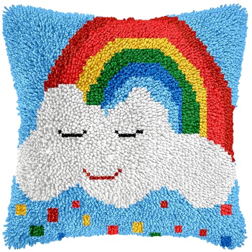 Image of Anurjah Latch Hook Pillow Kits for Adults, Crochet Kit for Beginners 17x17inch Home Decor Pillow Cover Making Kit with Crochet Tool ＆ Precut Yarns and Coded Canvas Christmax Halloween Craft Gifts