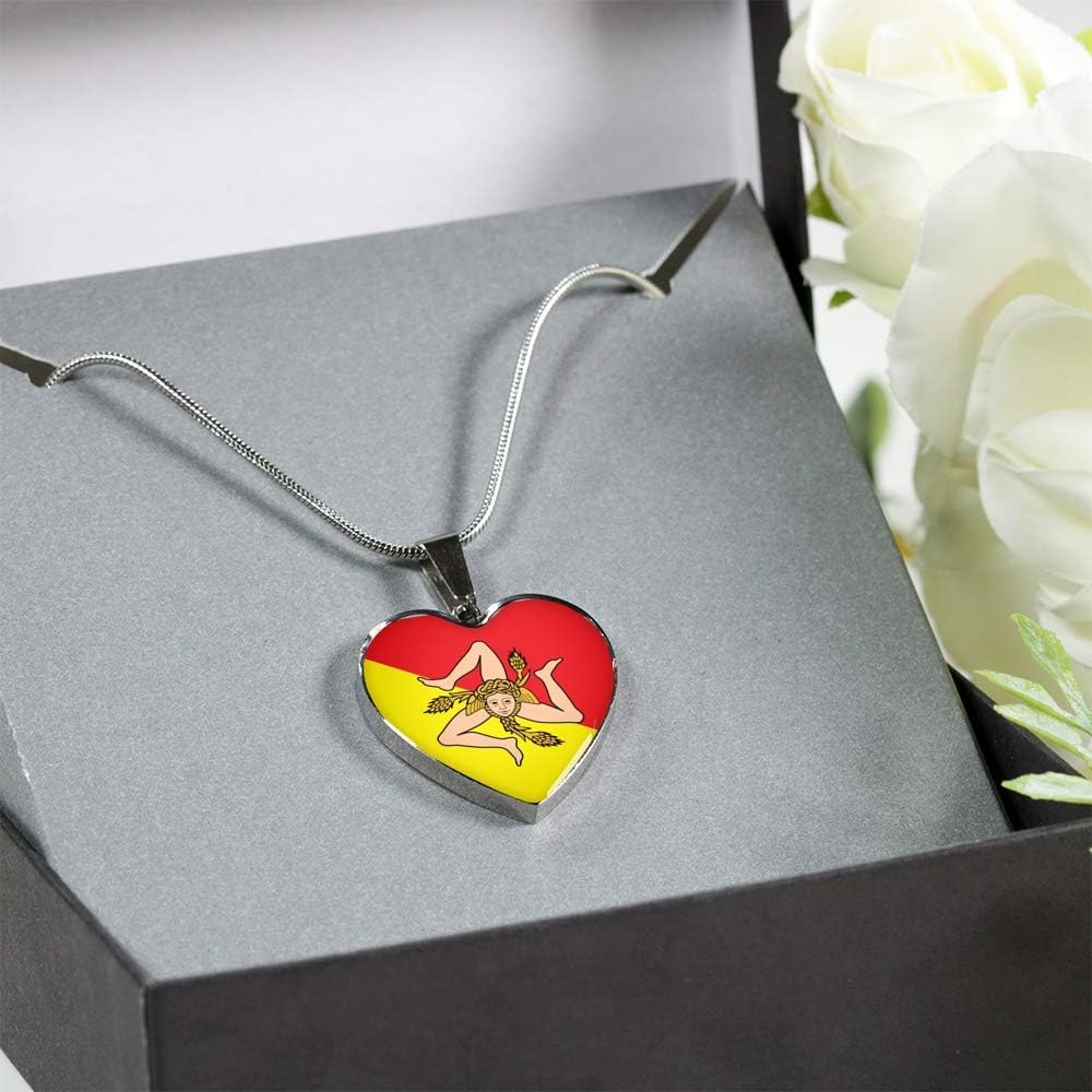 P.S. I Love Italy Sicilian Flag with Heart Necklace with Pendant - Great Italian Themed Jewelry Gift – Crafted in Shatterproof Glass and Surgical Steel - Engraving Available