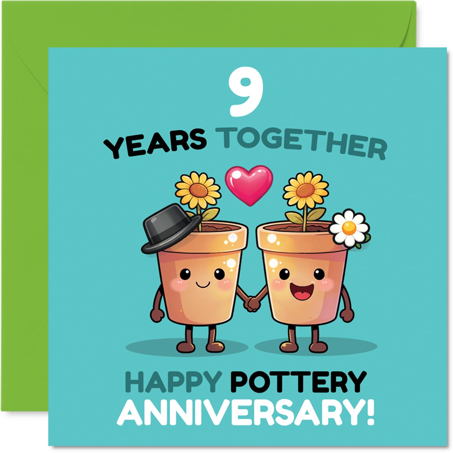 Cute 9th Anniversary Card - Pottery Puns and Smiles - Adorable Flower Pots Holding Hands on Turquoise and Pink - 145mm Square, Envelope Included