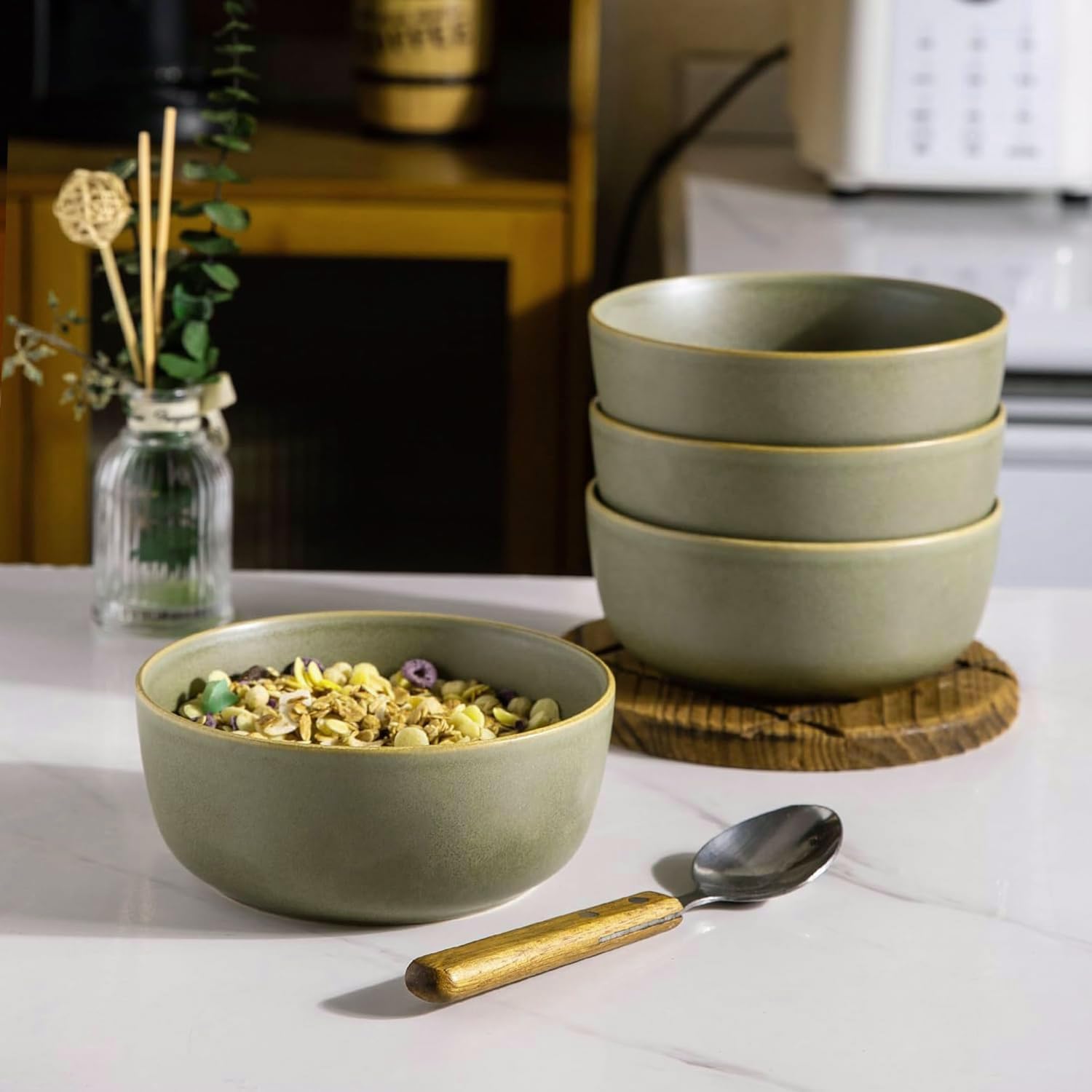 AmorArc Stoneware Cereal Bowls Set of 4, 26oz Soup Bowls Set for Cereal Soup Snacks, Modern Kitchen bowls for Meal, Dishwasher &Microwave Safe,Stoneware Green