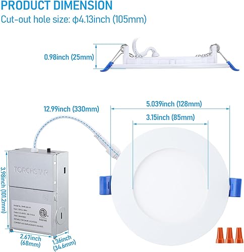 Miniatura 6 de TORCHSTAR Paquete de 12 luces empotrables LED ultrafinas de 4 pulgadas 5CCT con caja de conexiones, aluminio, 2700K3000K3500K4000K5000K, 5%-100%