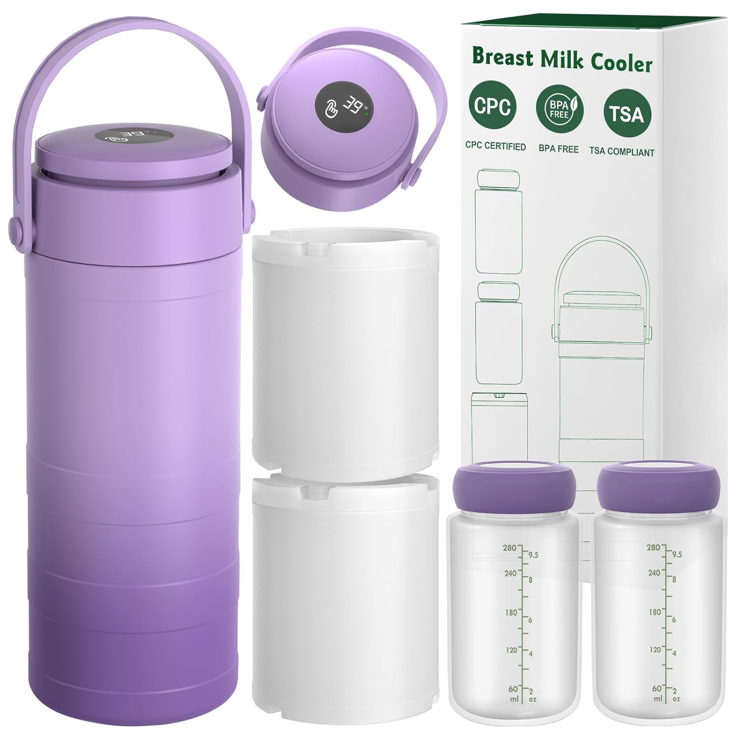 Portable Breast Milk Cooler with Touch Temperature Display, Milk Chiller with 2x9.5oz BPA-Free Bottles, 360° Cooling for 24 Hours & TSA Approved, Travel Breastmilk Storage for Work, Outdoor Moms