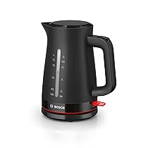 Bosch Bollitore Elettrico TWK3M123, Capacità 1.7 L, Spegnimento Automatico, Riscaldamento Rapido, Filtro Anticalcare Removibile, Indicatore Livello dell’Acqua Esterno, Facile da Pulire, Nero