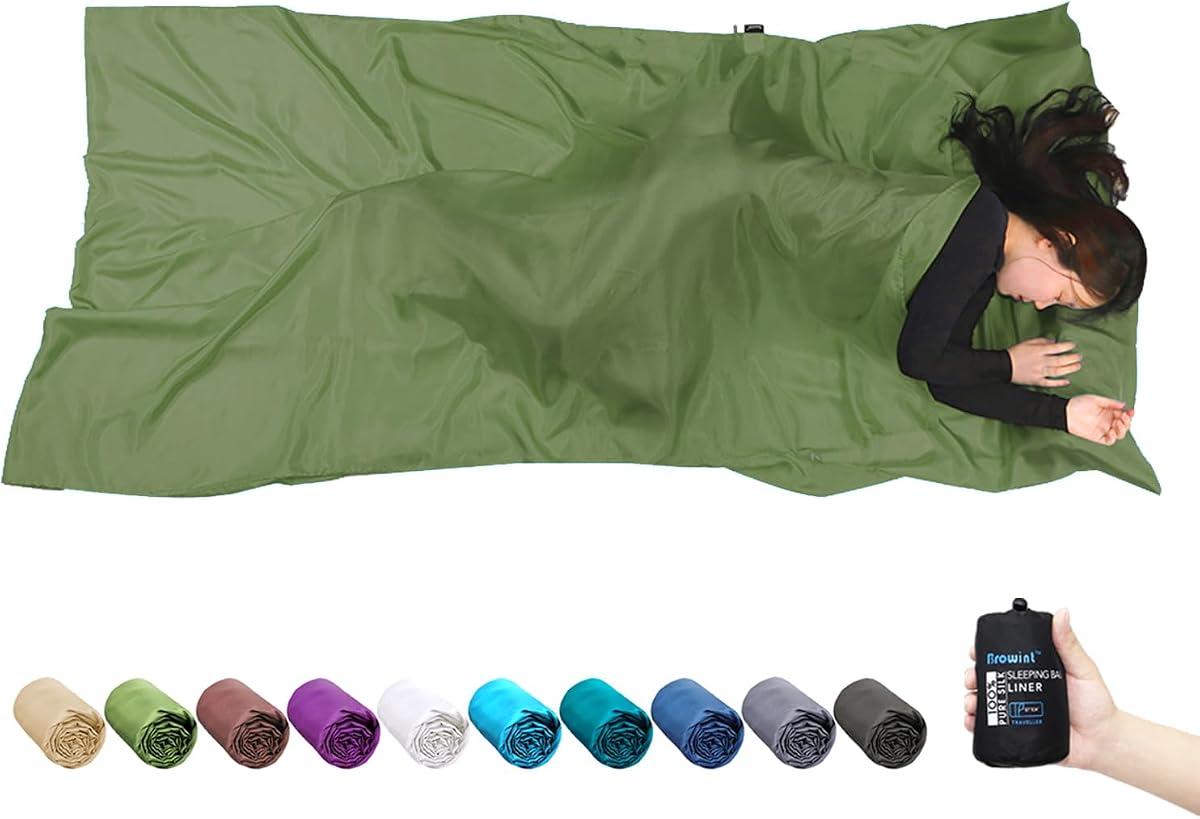 BROWINT Silk Sleeping Bag Liner, Silk Sleep Sack, Extra Wide 87"x43" & 87“x34”, Lightweight Travel Sheet for Hotels, Envelop Style 73“x34”, Hooded Mummy 87“x34”, More Colors, Reinforced Gussets