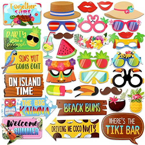Howaf 32 Pieces Hawaiian Luau Photo Booth Props, Tropical Themed Photo Booth Kit For Luau Party Decorations, Beach Party Photo Props Selfie Props For Tiki Party Baby Shower Summer Party Supplies #TOP1