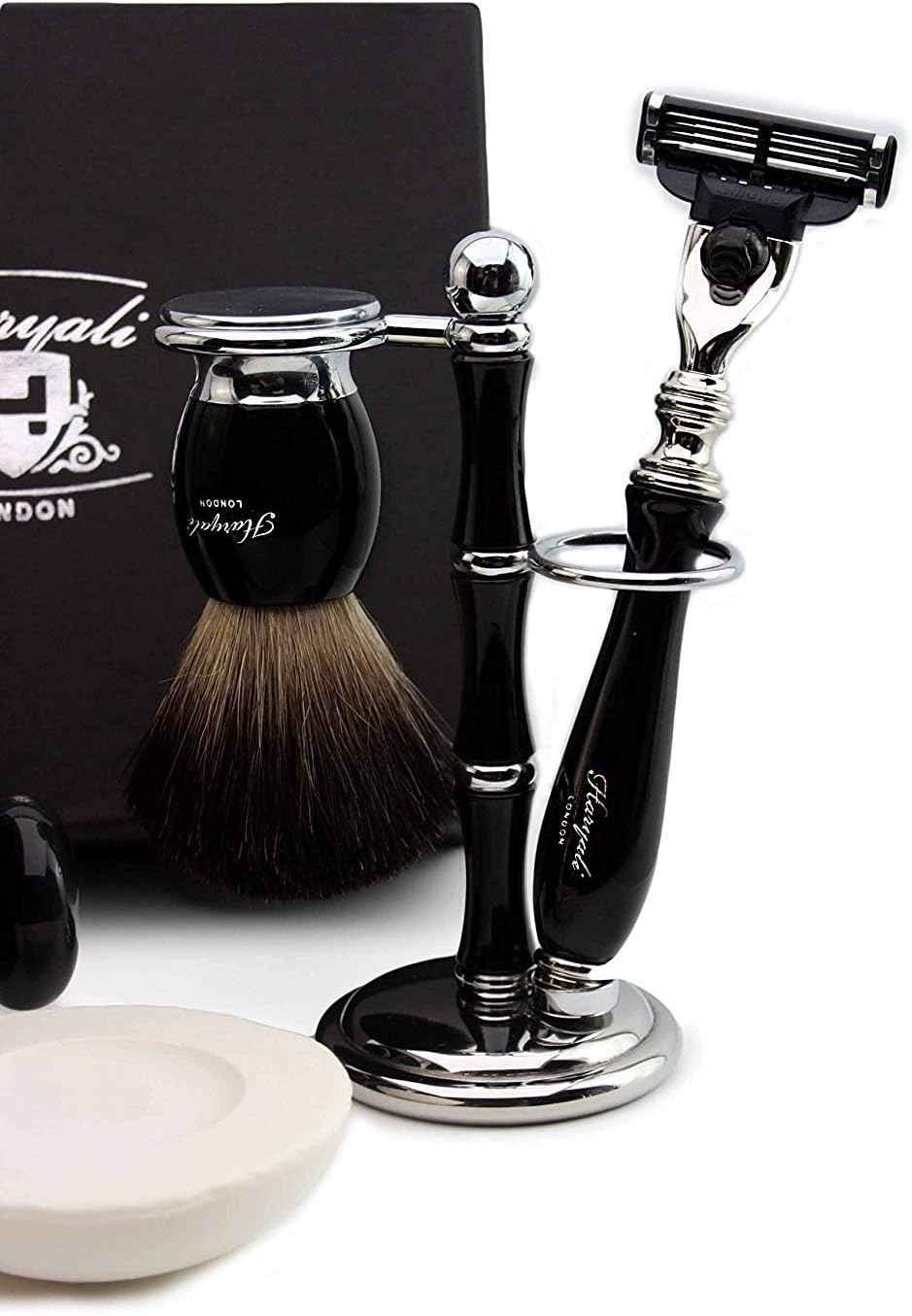 Pure Badger Hair Shaving Set In Black.The Set Contains Shaving Brush,4 Different Type of Razor To choose, Shaving Brush & Razor Holder,Shaving Mug with soap.Perfect For HIM (Triple Edge Razor)