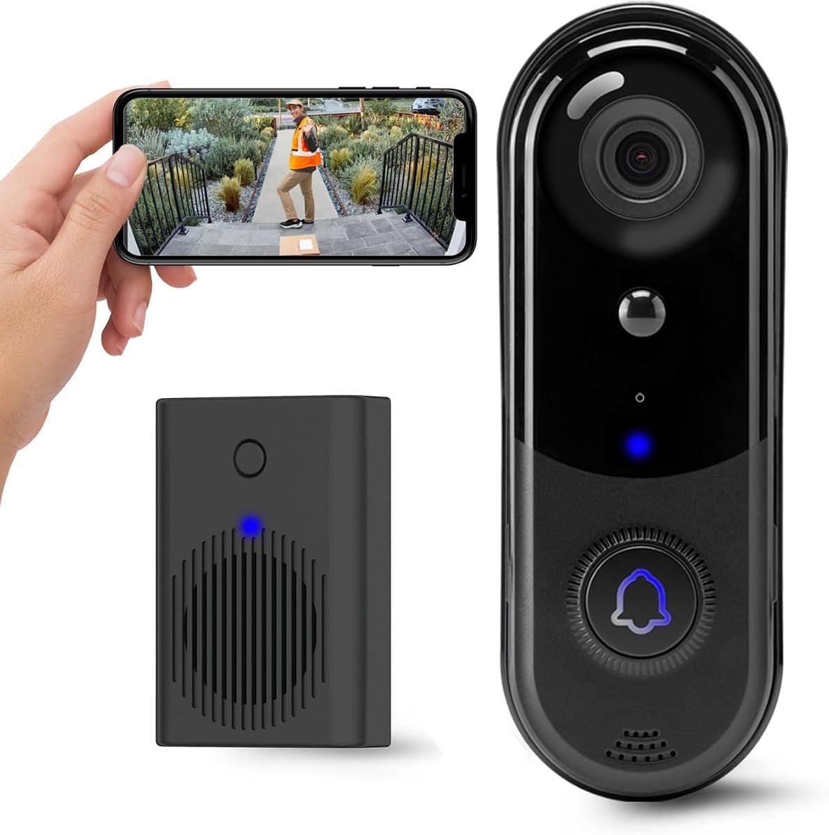 Cámara de timbre de vídeo inalámbrica HD con timbre, detección humana inteligente, alerta en tiempo real, visión nocturna FHD, audio bidireccional, IP65 a prueba de agua, WiFi de 2,4 Ghz, almacenamiento de tarjetas/almacenamiento en la nube (1080P)