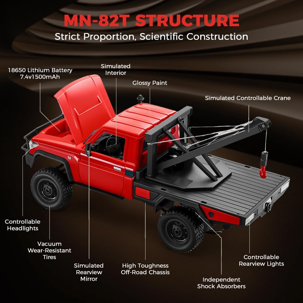 MN82T RC Crawler 1/12 RC Truck with 2Upgraded 1500mah Battery 4WD Off-Road Tow Car RTR 2.4GHz RC Pick-up Trail Truck with Crane Hook Remote Control Rock Crawler