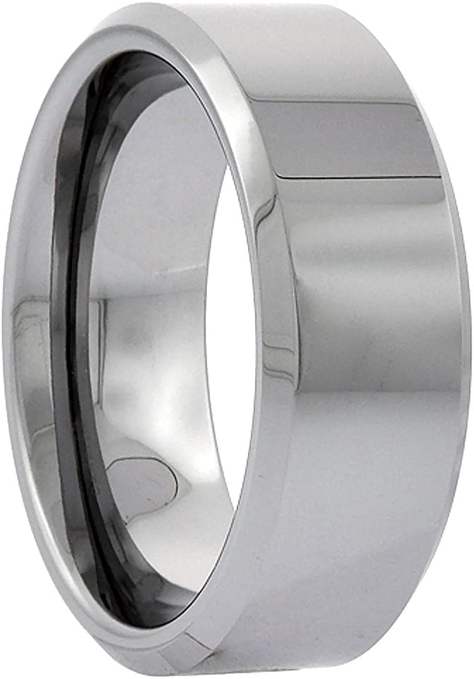 Tungsten Carbide 8 mm Flat Wedding Band Ring His & Hers Mirror Polished Finish Beveled Edges sizes 5 to 15 - Image 3