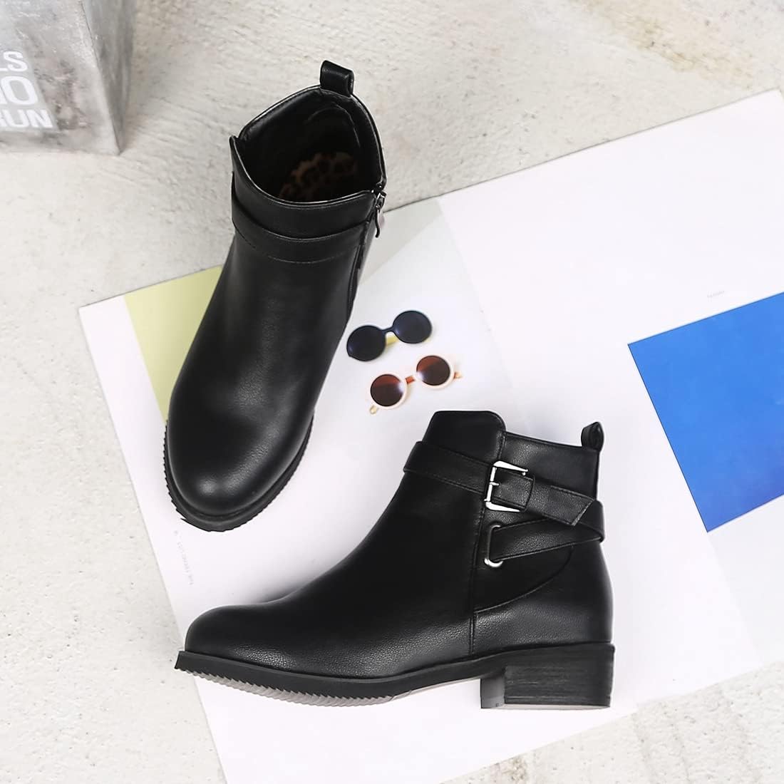 VOKLIN Women's Casual Round Toe Dress Ankle Booties Buckle Leather Zipper Flat Low Heel Dressy Short Boots