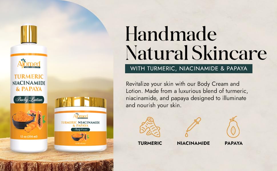 Turmeric body cream– Handmade Niacinamide papaya Turmeric Moisturizer lotion for Dark Spots, Hyperpigmentation, Acne Scars, Evens Tone- turmeric skincare -All Skin Types 8oz (CREAM) - Image 2