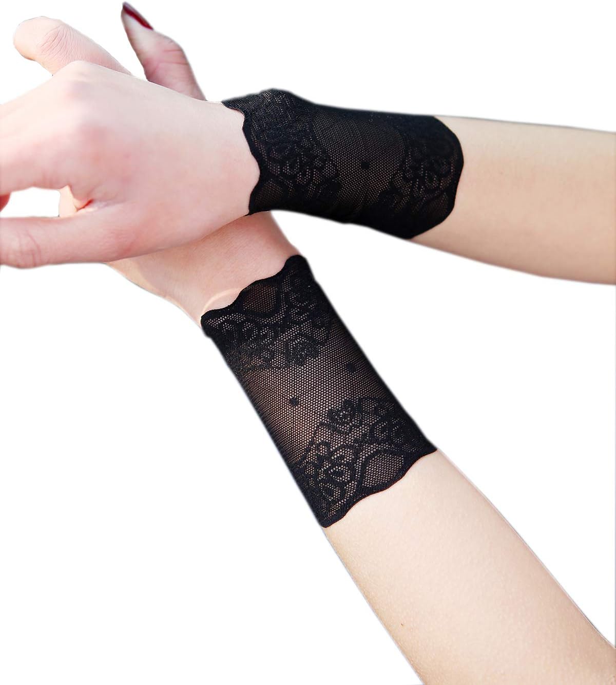 Women Lace Wrist Cuff Bracelet Floral Stretch Wedding Wristbands Tattoo Cover 2 Pcs Set Short Black