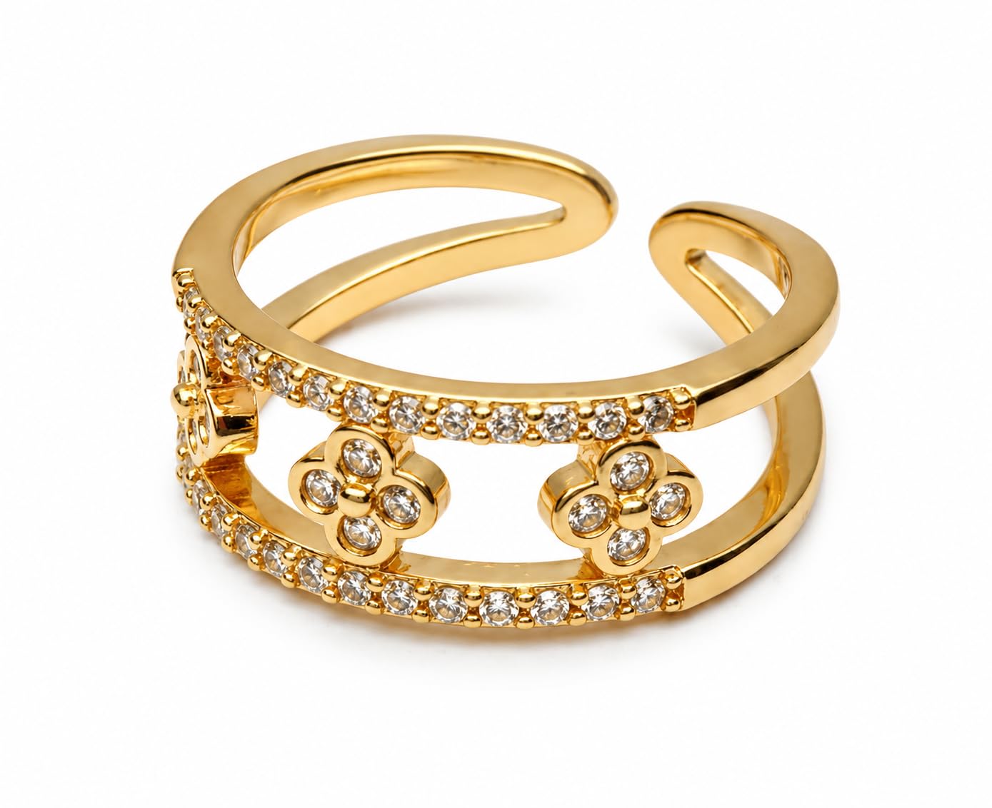 Elegant Gold Plated Adjustable Floral Ring for Women | Sparkling Cubic Zirconia Open Band Ring | Stylish Finger Ring for Girls & Women | Fashion Jewelry Gift-image-3