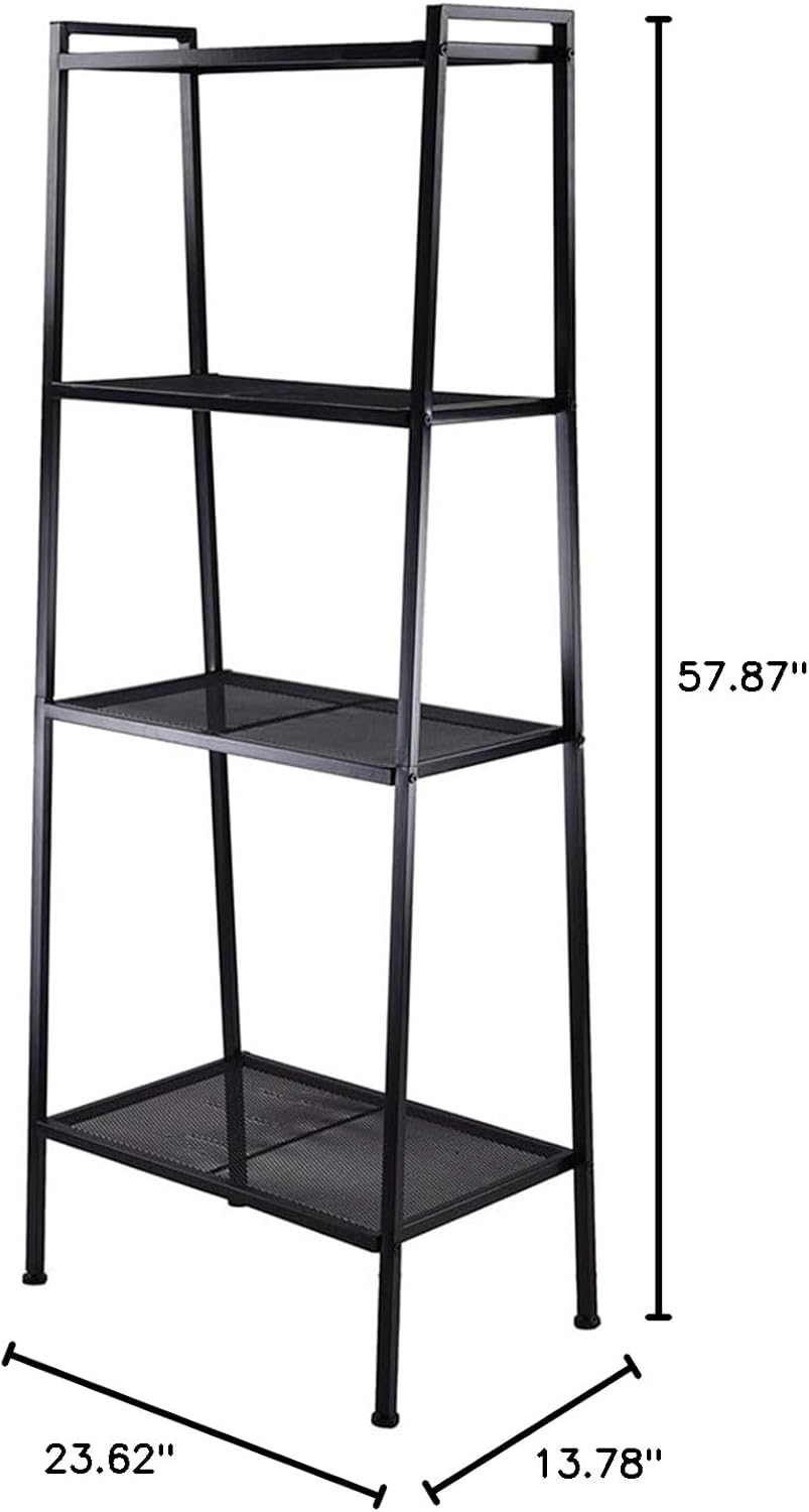Spaco 4 Tier Widen Ladder Shelf Bookshelf Rack Vintage Bookcase Shelf Storage Organizer Wood and Metal Bookshelf Rack (Black)