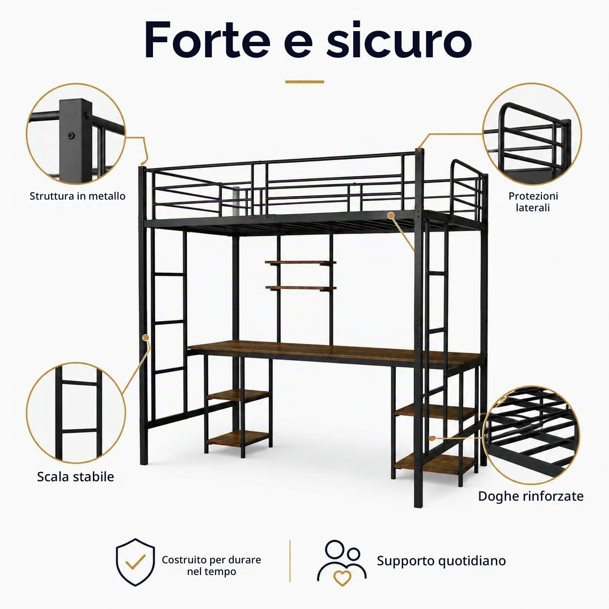 EGGREE Letto a Soppalco 140x200 cm con Scrivania e ripiano, Nero