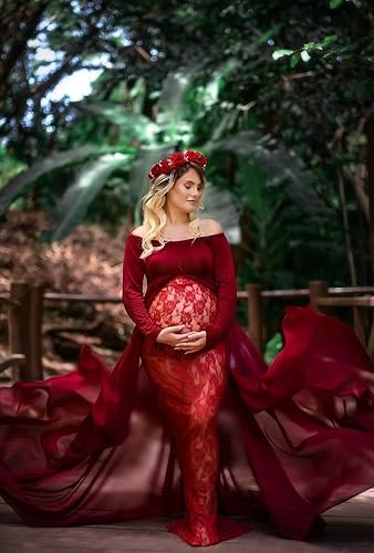 Miniatura 6 de ZIUMUDY Vestido de sesión de fotos de maternidad de manga larga con hombros descubiertos, vestido de encaje ajustado con capa larga de gasa trian