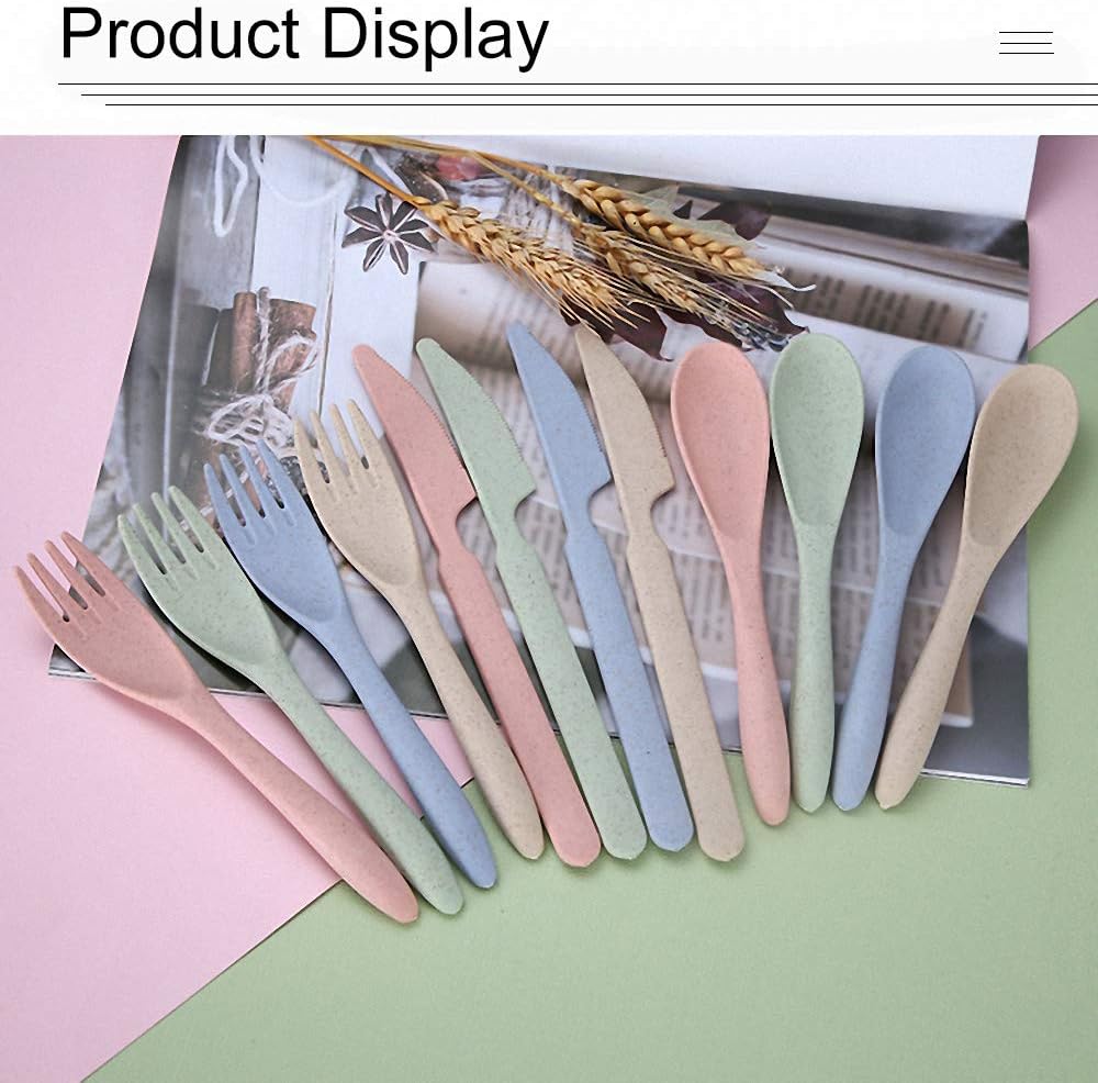 4 Sets Portable Cutlery,Wheat Straw Cutlery, Spoon Knife Fork Tableware set, for Kids Adult Travel Picnic Camping (4 Colors)