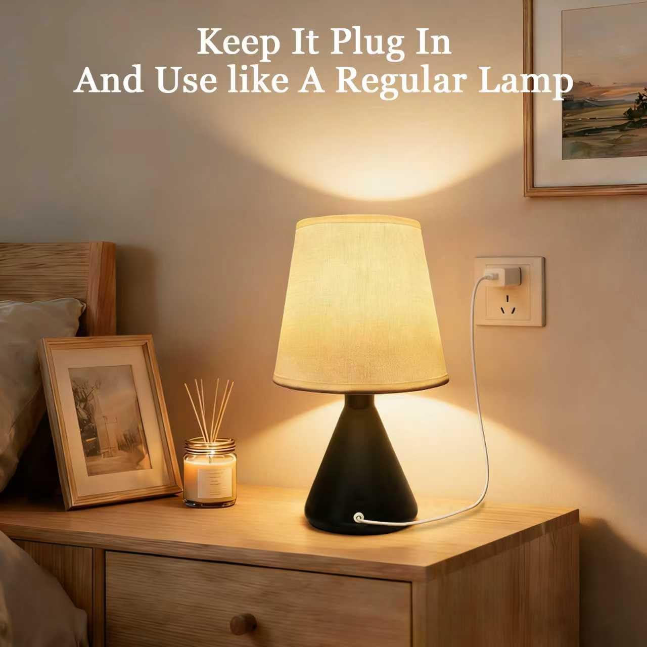 Hyphenx USB Powered Farmhouse Bedside Lamp 10 dimming Steps 3 Color Modes for Bedroom, Nightstand Table Lamp with Fabric Shade, Desk Lamp for Kids Reading and Home Office （Black）