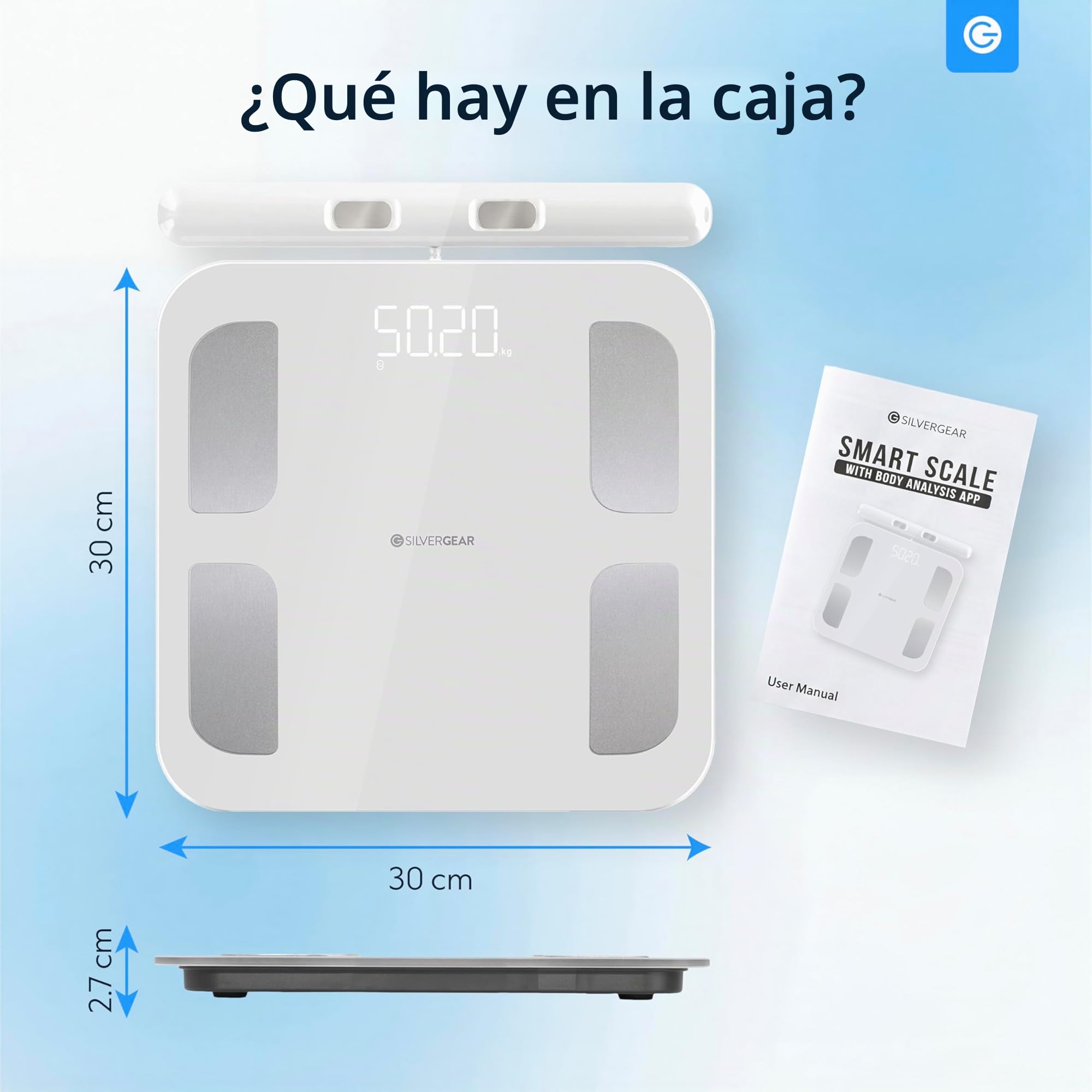 Silvergear® Báscula de Baño Intelligente con Mango | Bascula Grasa Corporal y Muscular | 8 Sensores | Masa Muscular, IMC, Peso Óseo, BMR, Frecuencia Cardíaca | con App | Blanco