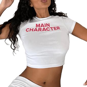 Y2K Stretchy Crop Tops for Women Slim-Fit Sexy White top Letter Print Short Sleeve Round Neck T-Shirt
