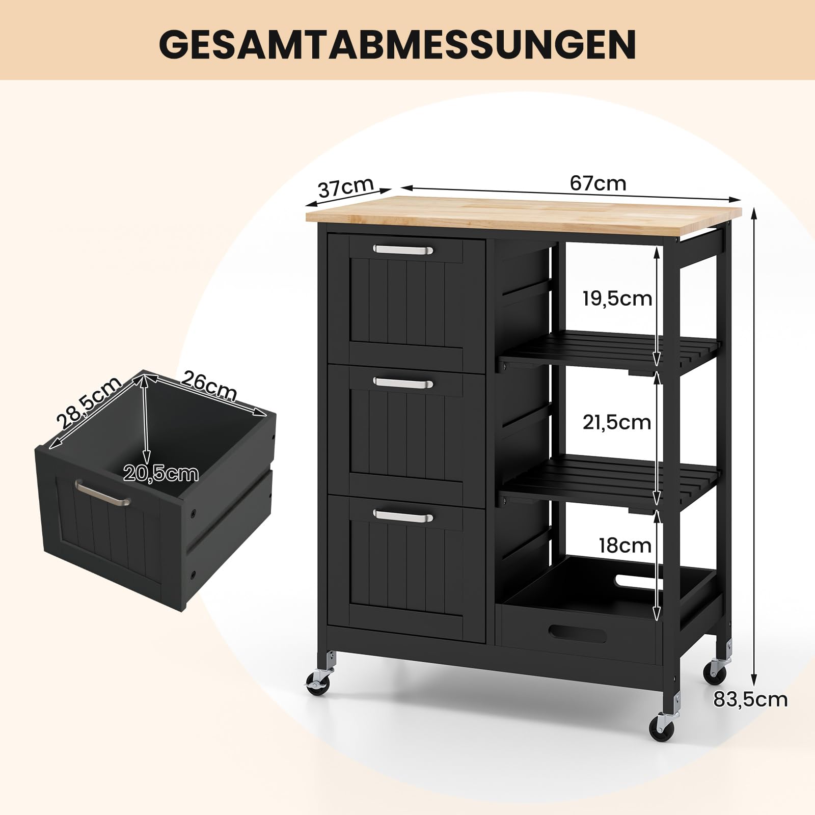 COSTWAY Küchenwagen mit Tablett, Regalen und 3 großen Schubladen, Küchenschrank rollbar, Kücheninsel aus Kautschukholz, Servierwagen 67 x 37 x 83,5 cm (Schwarz)