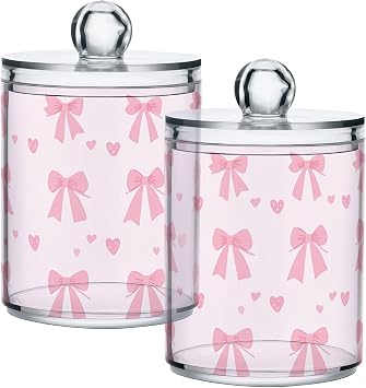 Pink Bow Pattern 2 Pack Plastic Storage Jar with Lid, Cotton Swabs Cans, Bathroom Canisters for Organizing Cotton Balls, Floss