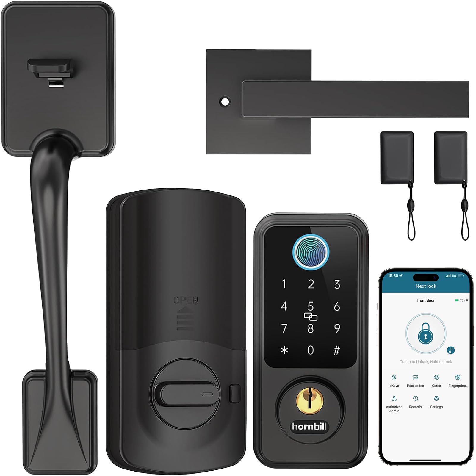 Smart Door Lock Handle Sets - Hornbill Keyless Entry Keypad Front Door Lock with Handle - Fingerprint Smart Lock - Smart Deadbolt Lock for Front Door- Black
