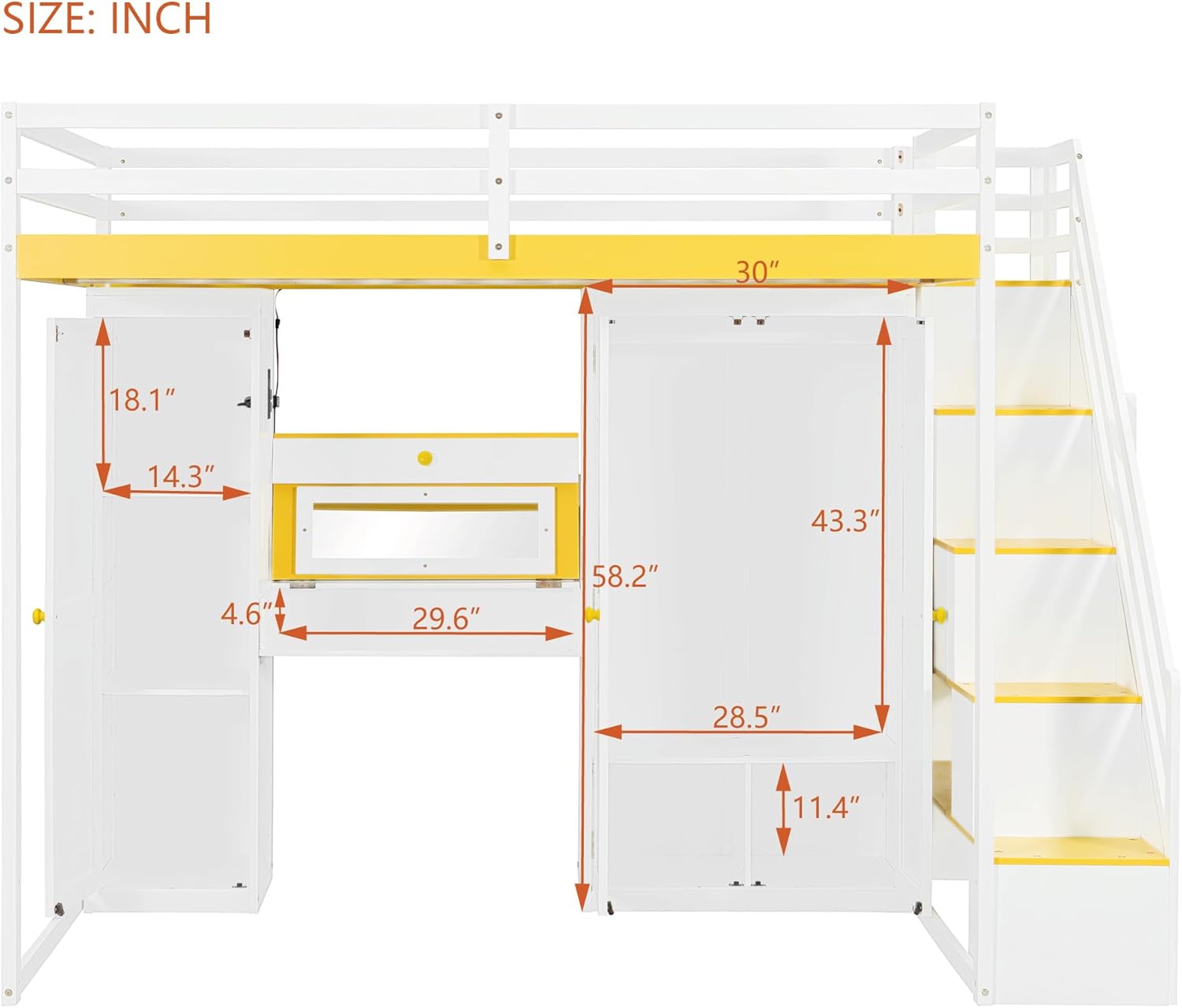 LZ LEISURE ZONE Full Size Loft Bed with Storage Staircase, Built-in Dressing Table with Mirror and Drawer, Wardrobe & Cabinets, USB Charging Ports and Lights, White+Yellow