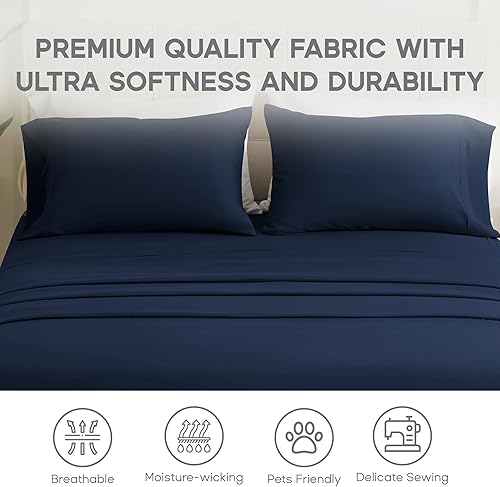 Miniatura 3 de Juego de sábanas para cama individual, color azul marino 1800, microfibra cepillada súper suave, 3 piezas, sábanas y fundas de almohada con sábana