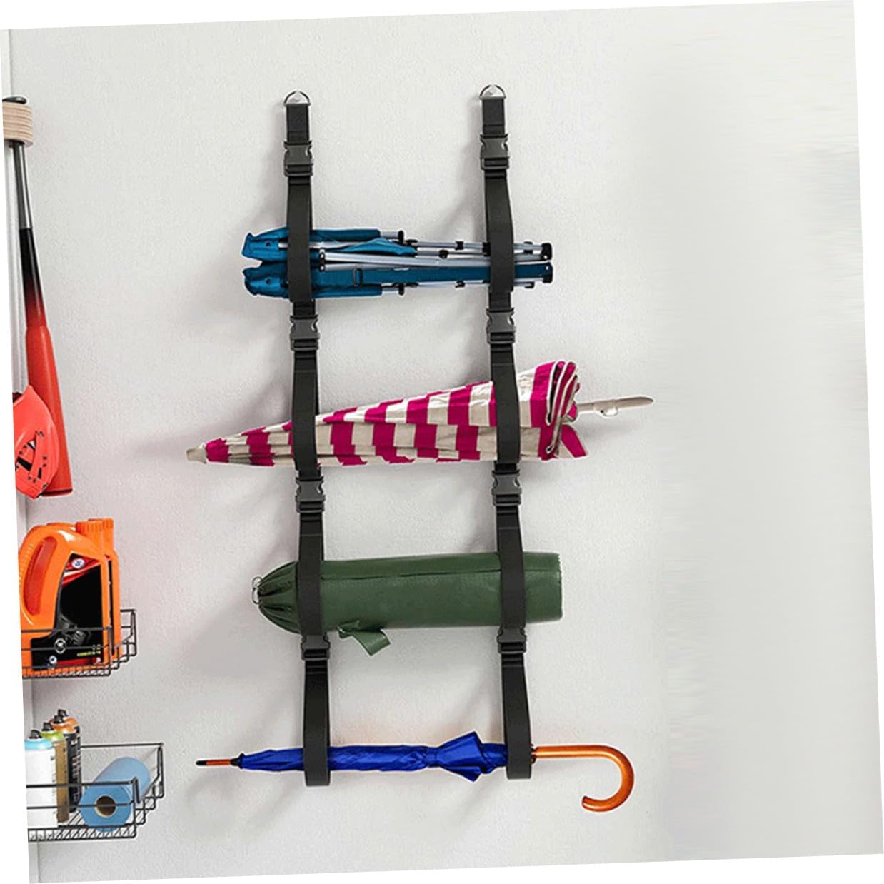 Housoutil 2pcs Multi-use Wall Strap with Buckles, Adjustable Wall Hanging Storage Belt for Garage Organization and Camping Chair Rack