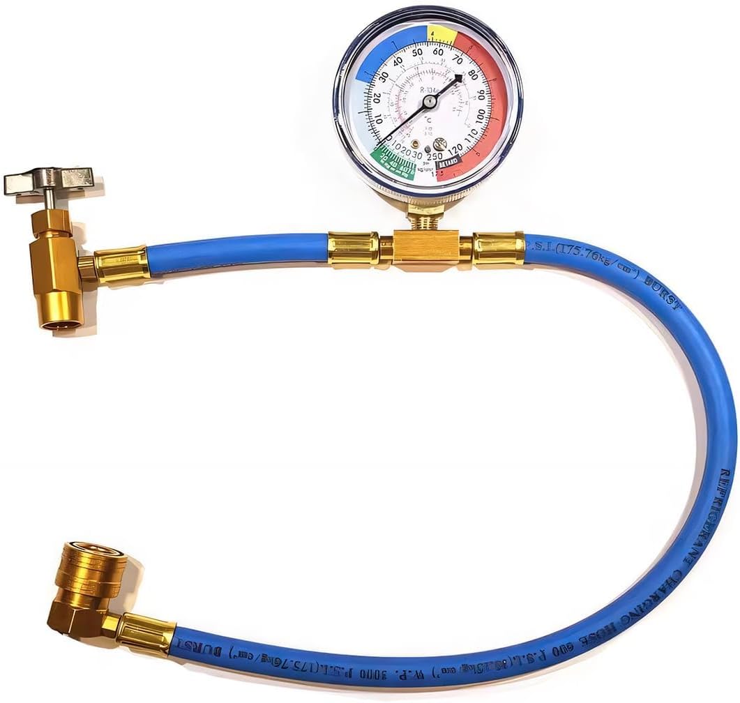 R134A Car AC Refrigerant Charge Hose Kit, Auto Air Conditioning Recharge Hose Kit with 1/2 Inch Can Tap, Gauge & Quick Coupler, Universal Auto Accessories for Car/Home AC Refrigerant