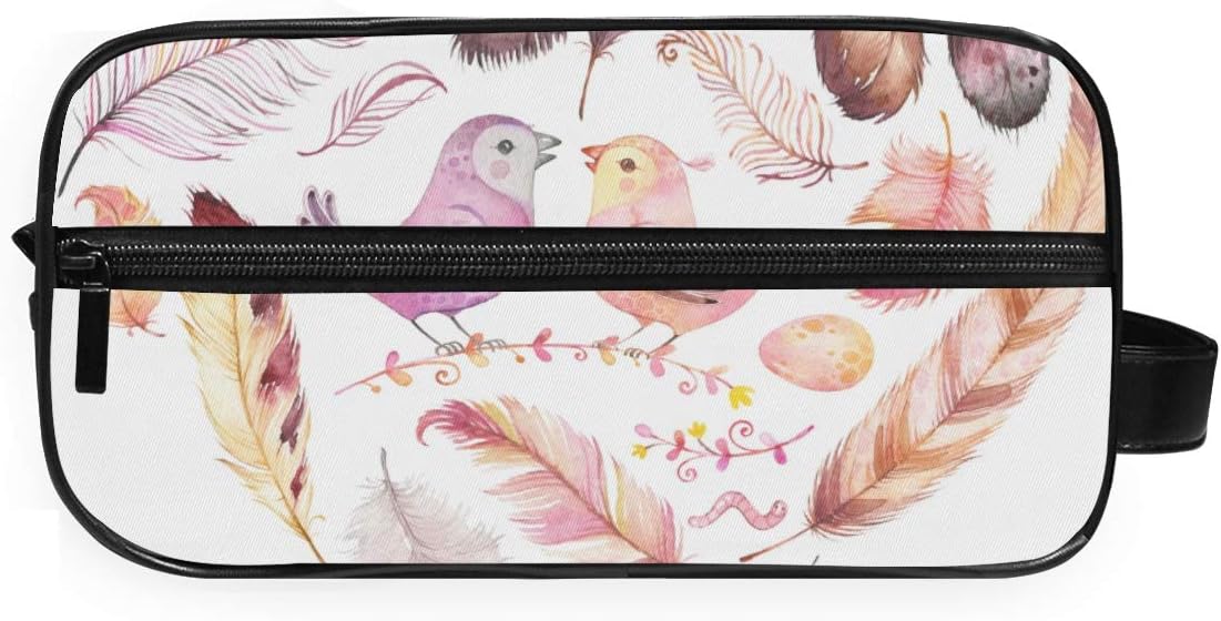 DEZIRO Bolsa de aseo portátil con forma de corazón y plumas de pájaros, bolsa de maquillaje impermeable para mujeres y niñas