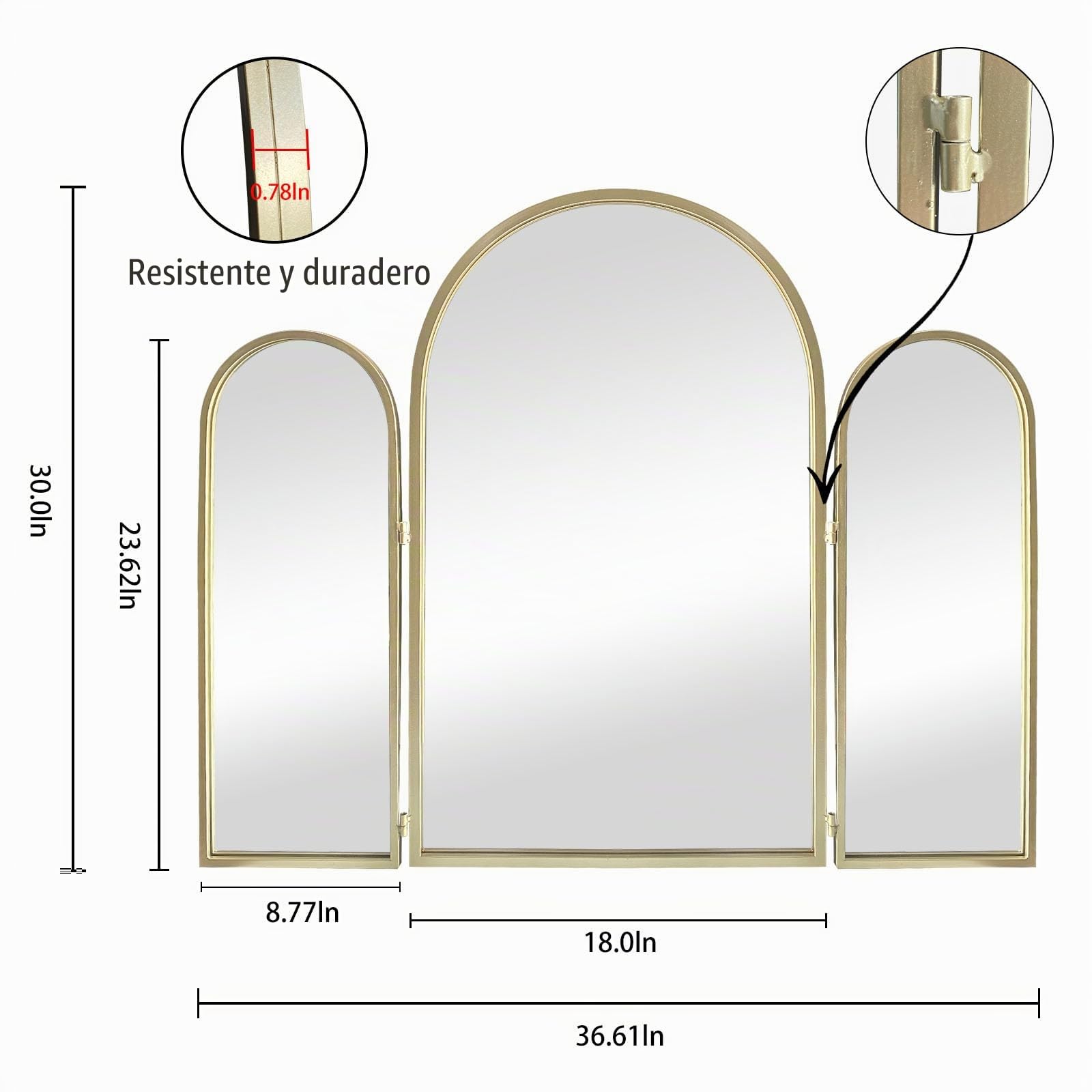 BAODANFU Espejos de tocador triples de 3 vías, 30 x 37 Pulgadas, Espejos de tocador Ajustables para baño, Dormitorio, Espejos de Arco Dorado Champaign, decoración de Pared, Cabello Trenzado