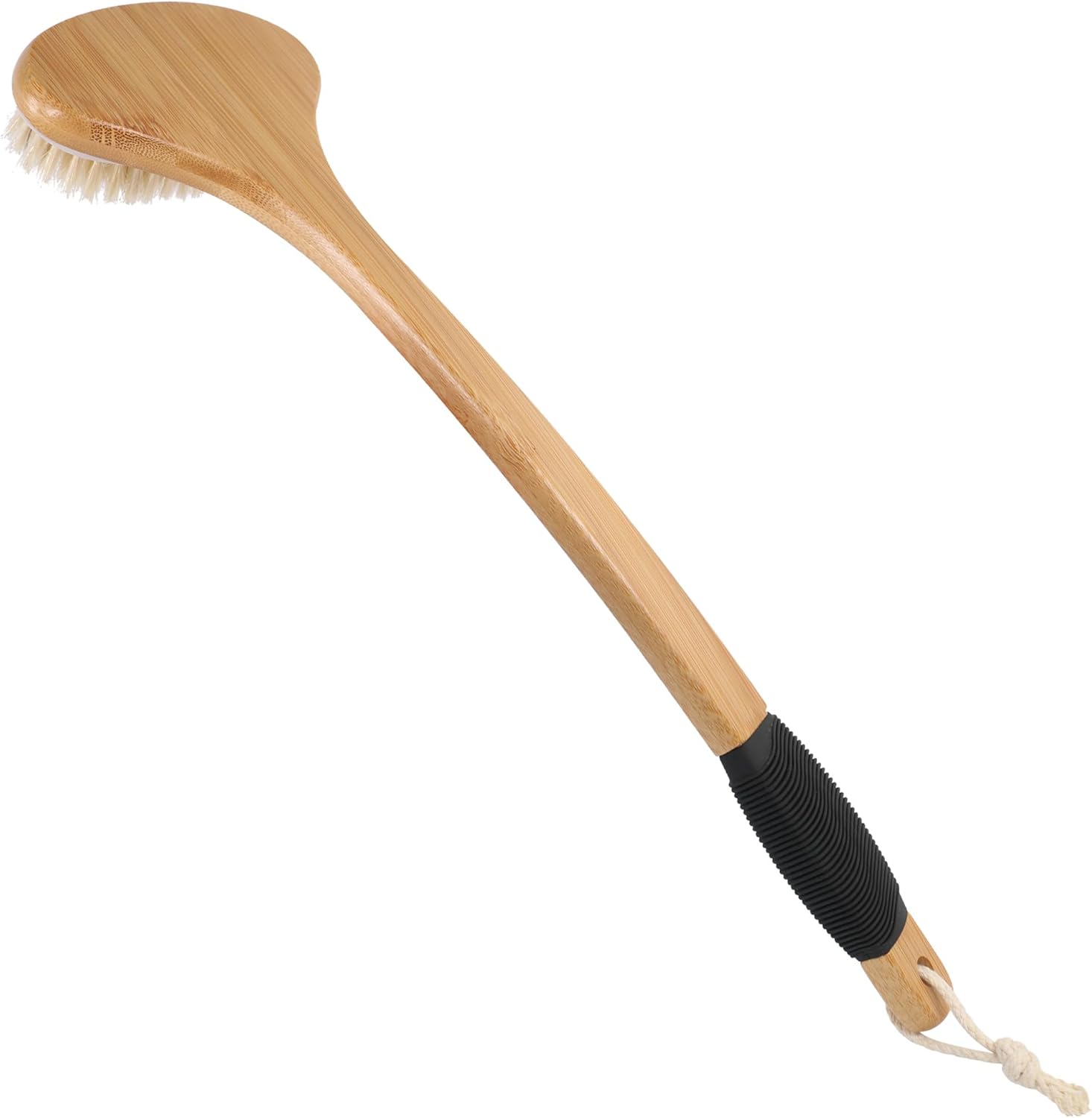 OWIIZI Bamboo Back Scrub Brush with Stiff Boar Bristles, Curved Long Handle for Shower - Wet/Dry Deep Clean Exfoliator